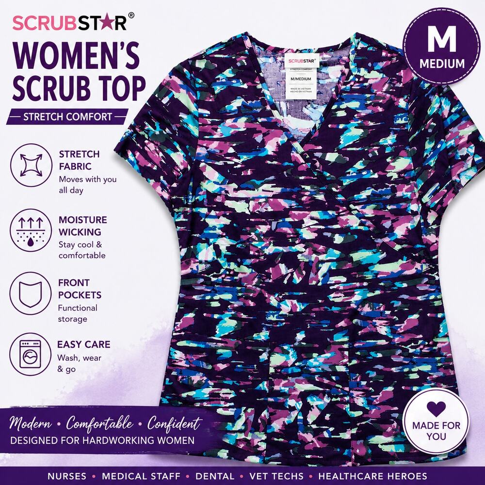 Scrubstar Purple Abstract V Neck Scrub Top Medium Modern Stretch Nursecore NWT